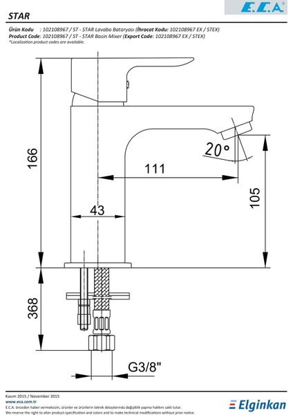 Eca Star Lavabo Bataryası 102108967 fiyatları