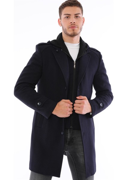 Erkek Palto Yün Malzemeden Düz Lacivert Midi Uzun Kol Tasarım