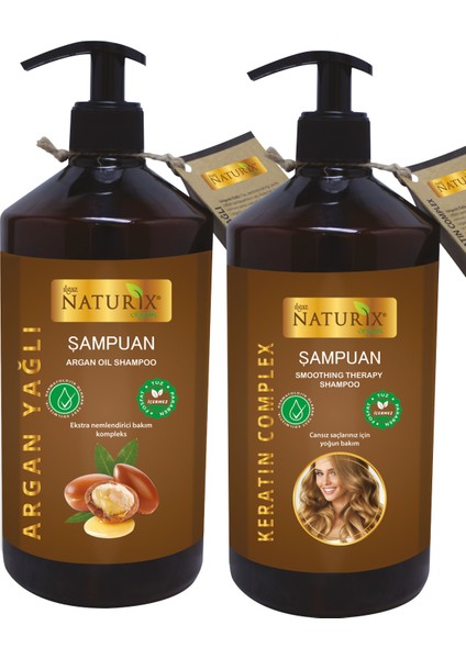 2'li Tuzsuz Argan Yağlı Şampuan + Keratin Şampuan 600 ml Bitkisel Şampuan Paraben Içermez