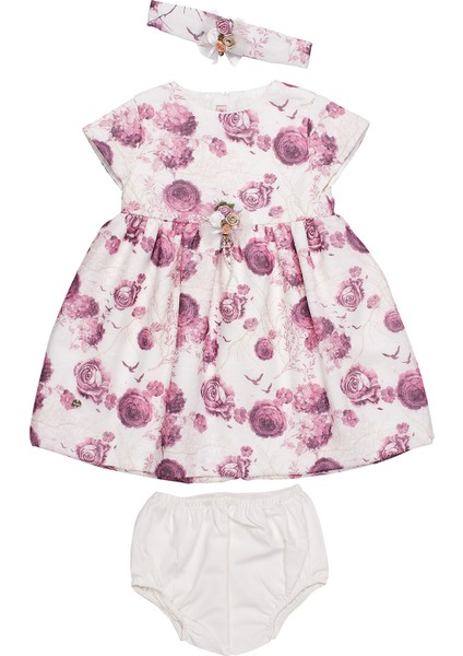 Çiçekli Saç Bantlı Külotlu Kız Bebek Bayramlık Elbise Takım Ekru 578 fiyatları