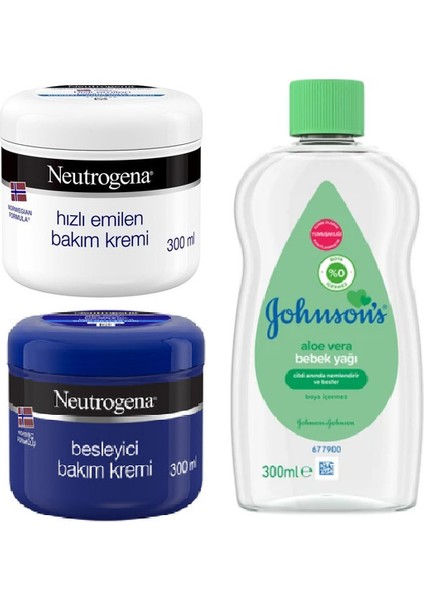 Besleyici El Kremi 300 ml + Neutrogena Hızlı Emilen Bakım Kremi 300 ml + Johnson's Aloe Vera Bebek Yağı 300 ml Bakım Seti