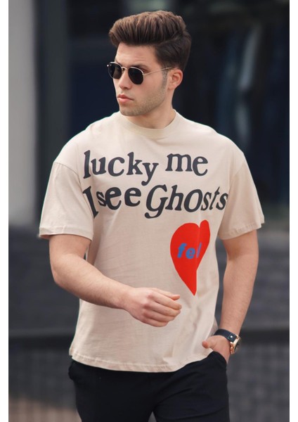 Bej Erkek Baskılı Tişört 5263