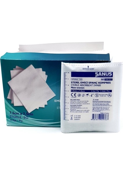 Marmara Norm - Sanus Steril Spanç Non-Woven Kumaş Emici Kompres 7,5 x 7,5cm 100 Adet