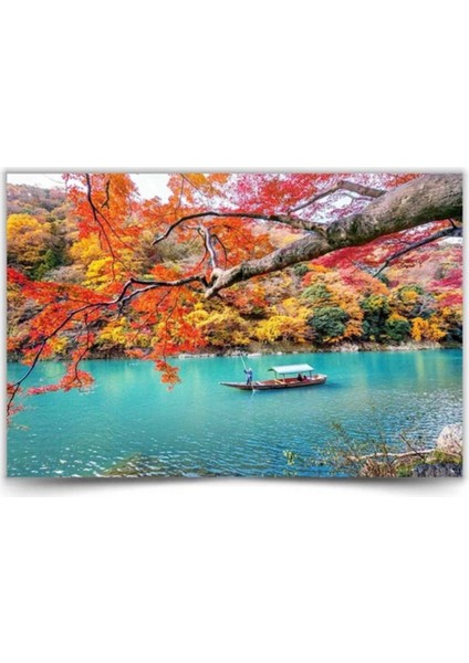Göl Kenarı Orman Sonbahar Manzaralı Kanvas Tablo (45X72 Cm)