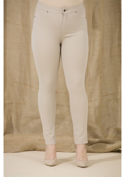 Cep Detaylı Büyük Beden Pamuk Pantolon Krem Rengi