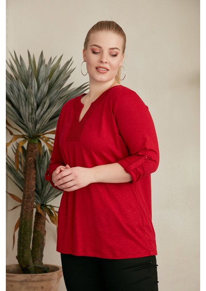 Yaka ve Kol Detaylı Bordo Büyük Beden Bluz fiyatları