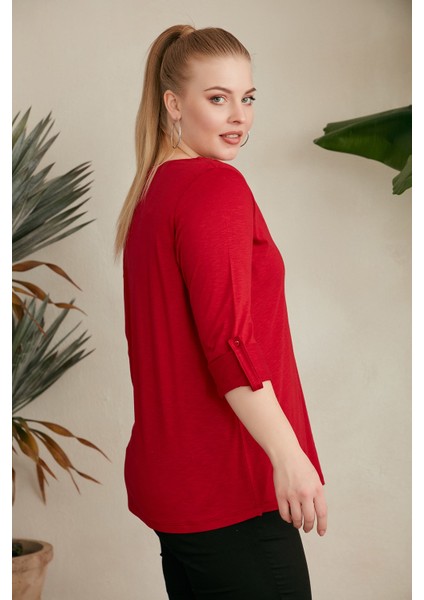 Yaka ve Kol Detaylı Bordo Büyük Beden Bluz modelleri