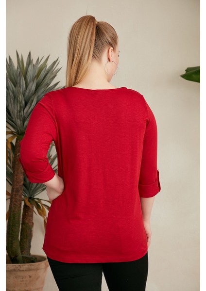Yaka ve Kol Detaylı Bordo Büyük Beden Bluz fırsatları