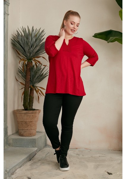 Yaka ve Kol Detaylı Bordo Büyük Beden Bluz indirimleri