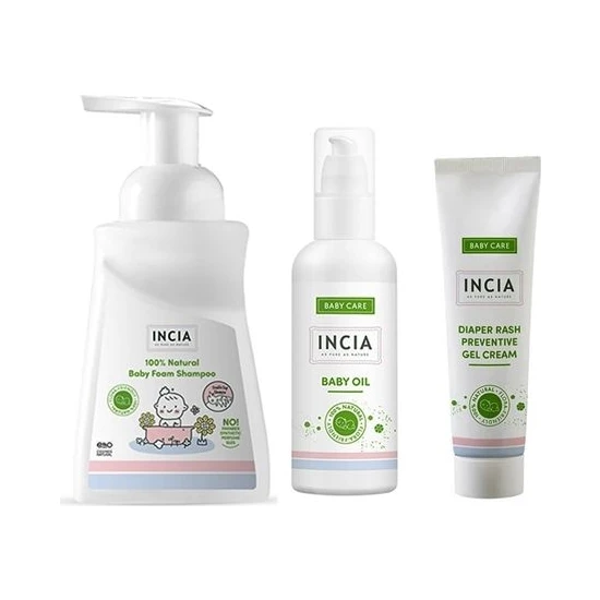 INCIA %100 Doğal Bebek Köpük Şampuanı 200ML+  Pişik Önleyici Jel Krem 60 ml + Bebek Yağı 110 ml