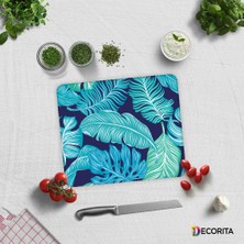 DecoritaMavi Tropik Yapraklar | Cam Kesme Tahtası - Cam Kesme Tablası | 29cm x 34cm