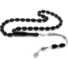 DAVİD BLACK 925 Ayar Gümüş Püsküllü Arpa Kesim Siyah Sıkma Kehribar Tesbih