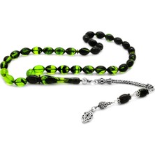 DAVİD BLACK 925 Ayar Gümüş Püsküllü Arpa Kesim Süzme Yeşil Ateş Kehribar Tesbih