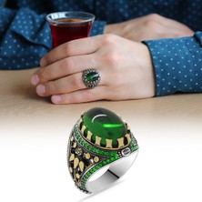 Gümüş Hediye Al Yeşil Zirkon Taşlı Oval Tasarım 925 Ayar Gümüş Erkek Yüzük