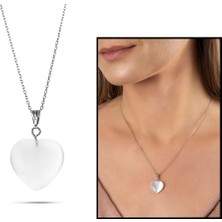 Gümüş Hediye Al Kalp Tasarım 925 Ayar Gümüş Zincirli Çift Taraflı Soft Beyaz Kedigözü Kolye