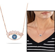 DAVİD BLACK Zirkon-Turkuaz Taşlı Rose Renk 925 Ayar Gümüş Göz Kolye