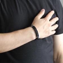 Gümüş Hediye Al Hasır Tasarım Kuka Işlemeli Siyah Çelik-Deri Kombinli Erkek Bileklik