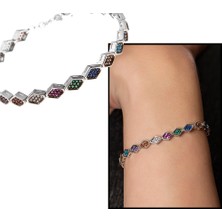 DAVİD BLACK Altıgen Tasarım Multicolor Zirkon Taşlı Tam Tur 925 Ayar Gümüş Kadın Bileklik