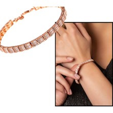 DAVİD BLACK Dörtgen Tasarım Zirkon Taşlı Tam Tur 925 Ayar Gümüş Kadın Su Yolu Bileklik