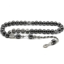 Gül Endam 925 Ayar Gümüş Püsküllü Küre Kesim Gümüş Isim Yazılı Hematit Doğaltaş Tesbih