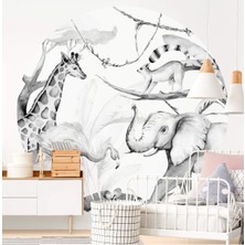 Msticker Yuvarlak Trapikal Hayvanlar Gri Tonlarda Duvar Sticker (120X120 Cm)