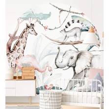 Msticker Yuvarlak Ormanda Fil Flamingo Zürafa Sincap ve Ağaçlar Duvar Sticker (95X95 Cm)