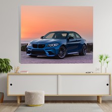 Deko Gonya Gün Batımı Manzaralı Bmw Mavi Renkli Araba Dekoratif Kanvas Tablo