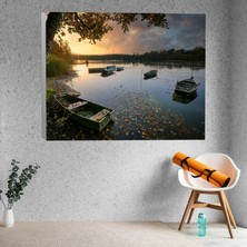 Deko Gonya Günbatımı Manzaralı Göl Kayık Temalı Dekoratif Kanvas Tablo