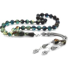 DAVİD BLACK 925 Ayar Gümüş Püsküllü Istanbul Kesim Süzme Mavi Ateş Kehribar Tesbih