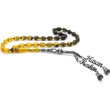 Gümüş Hediye Al 1000 Ayar Çift Kazaz Püsküllü Arpa Kesim Isim Yazılı Sarı Ateş Kehribar Tesbih