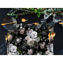 Adawall Home Siyah Çiçek Kumaş Amerikan Servis 4'lü Set 35X50CM