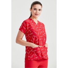 Kırmızı Atatürk Imza Desenli Tek Üst Terikoton Ince Kumaş Dr Greys Kesim Forma