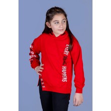 Kız Çocuk Kapüşonlu Yırtmaç Detaylı Baskılı Sweatshirt