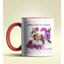 Hediye Zengini Kişiye Özel Çiçek Çerçeveli Fotoğraf Temalı Kırmızı Kupa Bardak