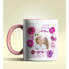 Hediye Zengini Kişiye Özel Çiçek Çerçeveli Fotoğraf 4 Temalı Pembe Kupa Bardak