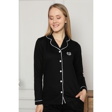 Alimer Alimer kadın Siyah Önden Düğmeli Gömlek Yaka Uzun Kollu Pijama Takımı 2577UY