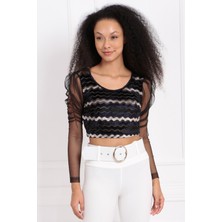 Sense Kollar Tüllü Çizgili Kadife Bluz | BLZ33256 Mor