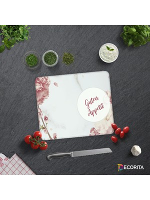 Decorita Guten Appetit | Pudra Pembe Çiçekler | Cam Kesme Tahtası - Cam Kesme Tablası | 29cm x 34cm