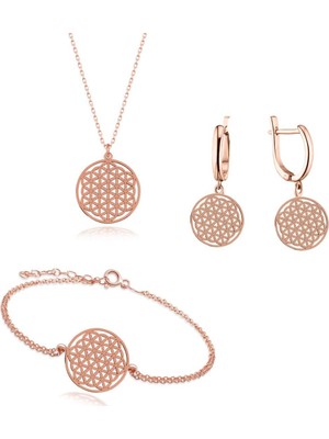 Enes Store Rose Gold Gümüş Yaşam Çiçeği Kadın Kolye Küpe Bileklik Seti