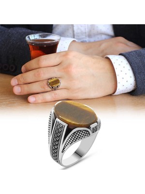 Tesbihane Kaplangözü Taşlı Örgü Tasarım 925 Ayar Gümüş Erkek Yüzük