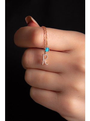 Ose Shop Beyaz Zirkon Taşlı Harf Kolye Rose Gümüş Altın Kaplama Kadın Gümüş Kolye 925 Ayar