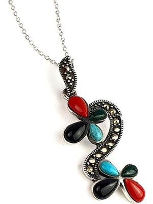 Ose Shop Oniks Turkuaz Mercan Taşlı Markazit Taş Detaylı Gümüş Kolye