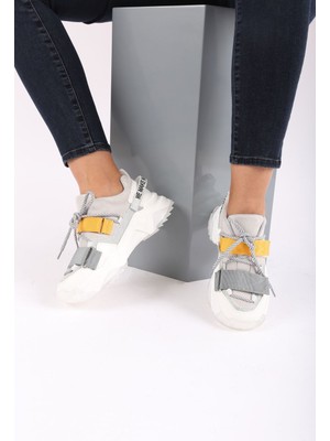 DGN 65140 Kadın Mega Kalın Taban Simli Cırtlı Sneakers Ayakkabı