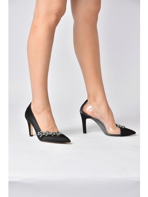 Fox Shoes Siyah Taşlı Kumaş Topuklu Kadın Abiye Ayakkabı K354001304