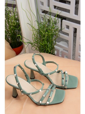 Fox Shoes Yeşil Zımba Detaylı Üç Bant Kadın Topuklu Ayakkabı K404571109