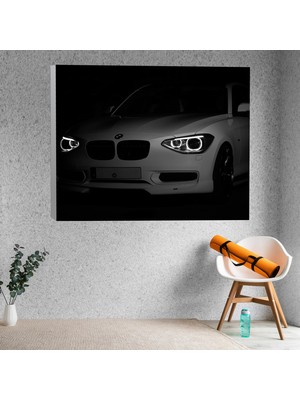 Deko Gonya Siyah Arka Fonlu Beyaz Bmw Araba Dekoratif Kanvas Tablo