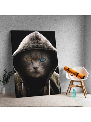 Deko Gonya Renkli Gözlü Kapşonlu Kedi Adam Temalı Dekoratif Kanvas Tablo