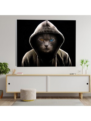 Deko Gonya Renkli Gözlü Kapşonlu Kedi Adam Dekoratif Kanvas Tablo
