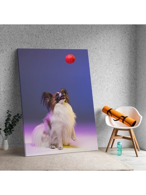 Deko Gonya Kırmızı Top Oynayan Papillon Köpek Dekoratif Kanvas Tablo