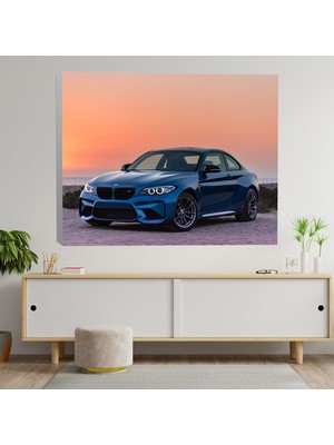 Deko Gonya Gün Batımı Manzaralı Bmw Mavi Renkli Araba Dekoratif Kanvas Tablo